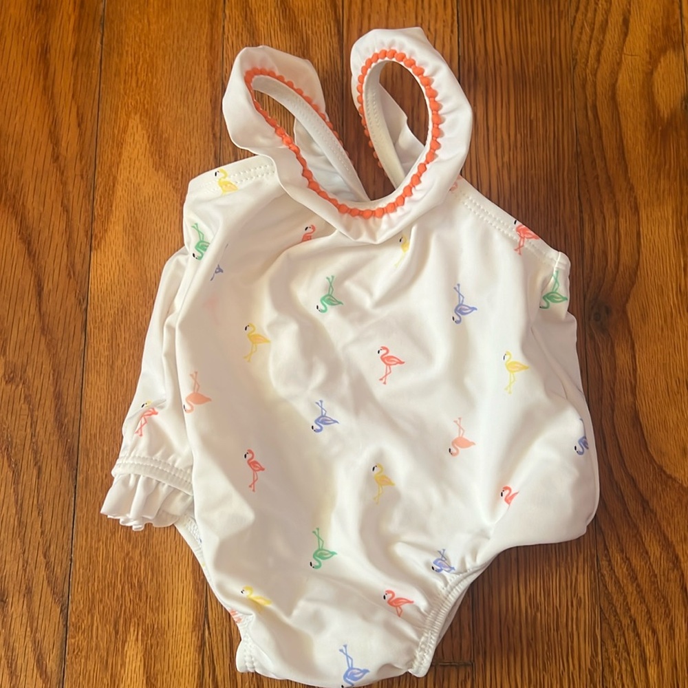 Darling Janie & Jack 0-3 months multicolor flamingo swimsuit with bow on back